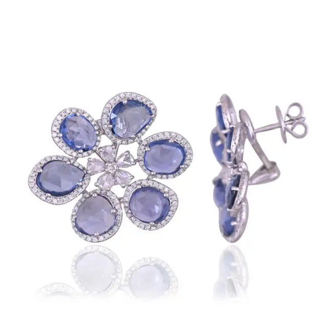 18k White Gold Floral Stud Earrings - Natural Blue Sapphire & Rose Cut Diamond Earrings Hover Image