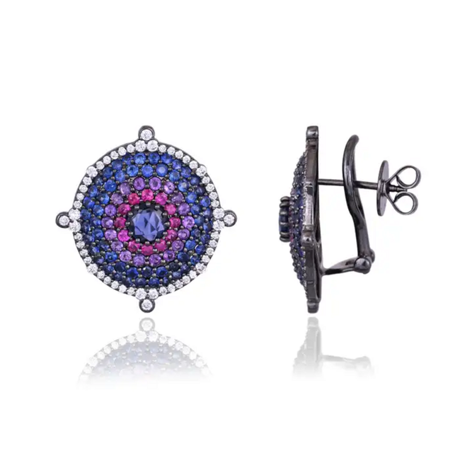 18k Gold Diamond Stud Earrings - Natural Ruby, Amethyst & Blue Sapphire Stud Earrings Hover Image