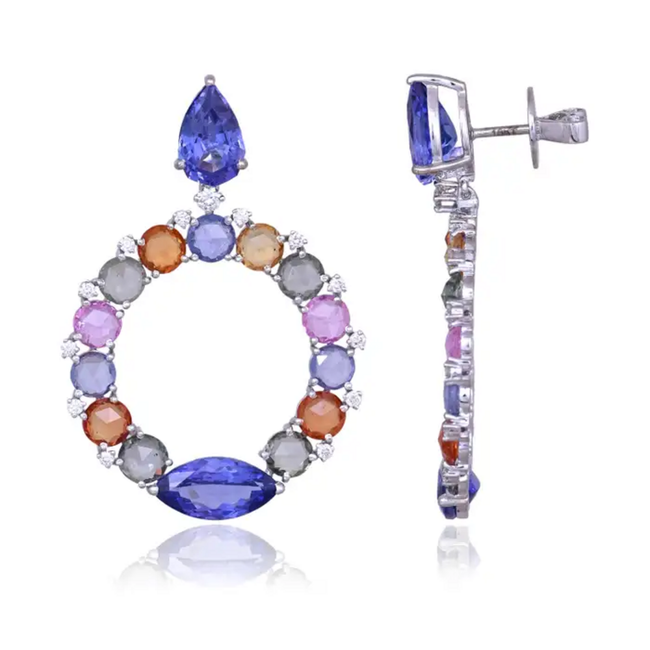 18k White Gold Diamond Dangle Earrings - Natural Tanzanite & Multi Sapphire Earrings Hover Image