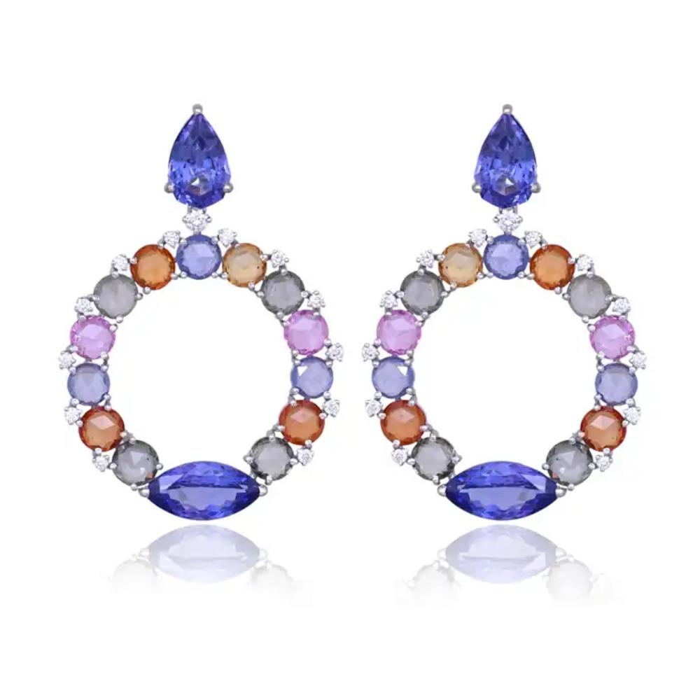 18k White Gold Diamond Dangle Earrings - Natural Tanzanite & Multi Sapphire Earrings