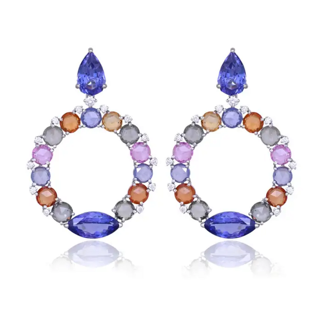 18k White Gold Diamond Dangle Earrings - Natural Tanzanite & Multi Sapphire Earrings Main Image