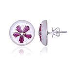 18k White Gold Diamond Stud Earrings - Natural Mozambique Ruby & Mother Of Pearl Stud Earrings