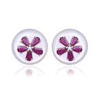 18k White Gold Diamond Stud Earrings - Natural Mozambique Ruby & Mother Of Pearl Stud Earrings