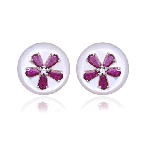 18k White Gold Diamond Stud Earrings - Natural Mozambique Ruby & Mother Of Pearl Stud Earrings