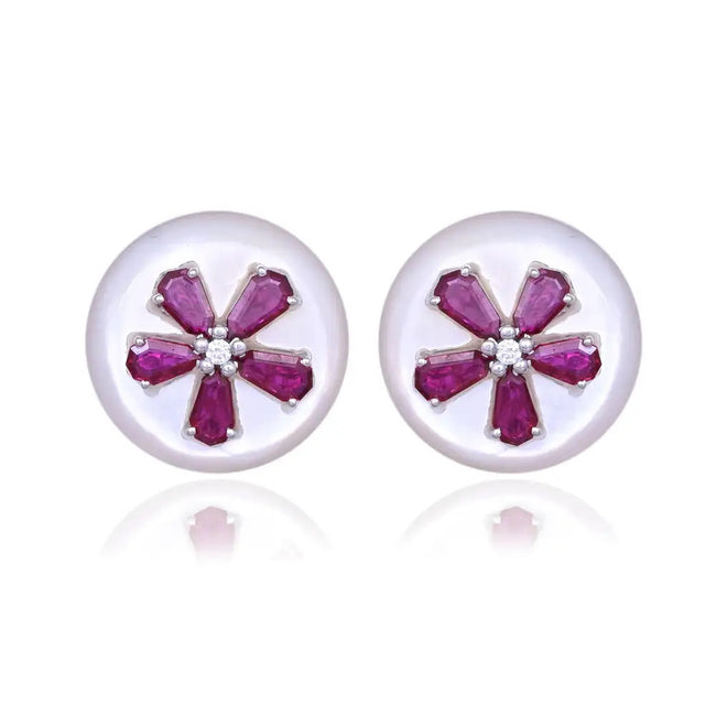 18k White Gold Diamond Stud Earrings - Natural Mozambique Ruby & Mother Of Pearl Stud Earrings Hover Image