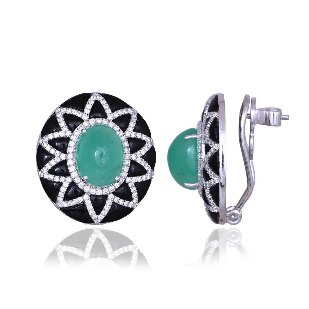 18k White Gold Diamond Stud Earrings - Natural Colombian Emerald & Black Onyx Stud Earrings