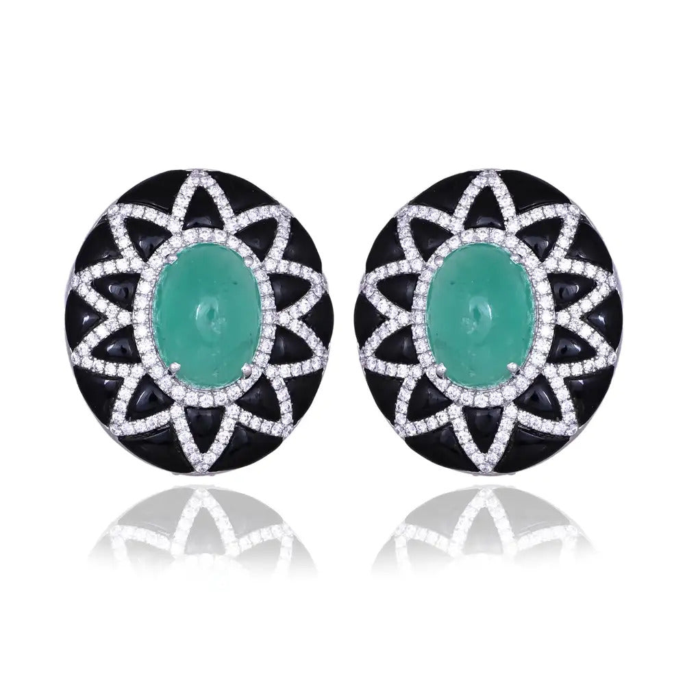 18k White Gold Diamond Stud Earrings - Natural Colombian Emerald & Black Onyx Stud Earrings