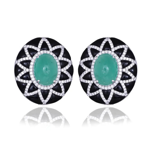 18k White Gold Diamond Stud Earrings - Natural Colombian Emerald & Black Onyx Stud Earrings