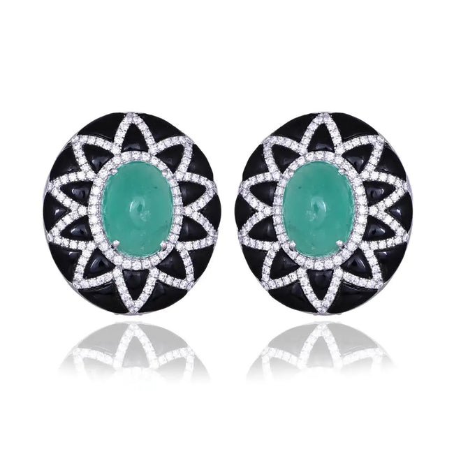 18k White Gold Diamond Stud Earrings - Natural Colombian Emerald & Black Onyx Stud Earrings Hover Image