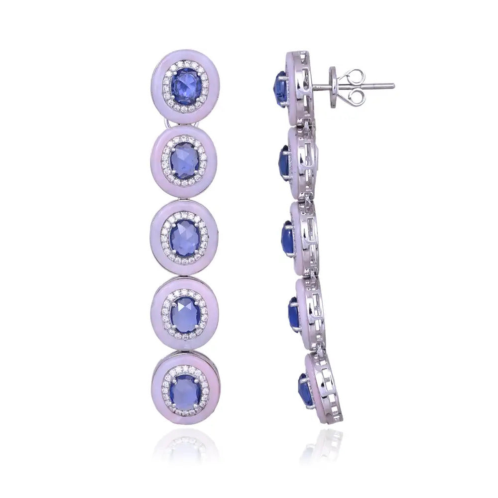 Ceylon Blue Sapphire & Blue Opal Dangle Earrings - 18k White Gold Diamond Dangle Earrings