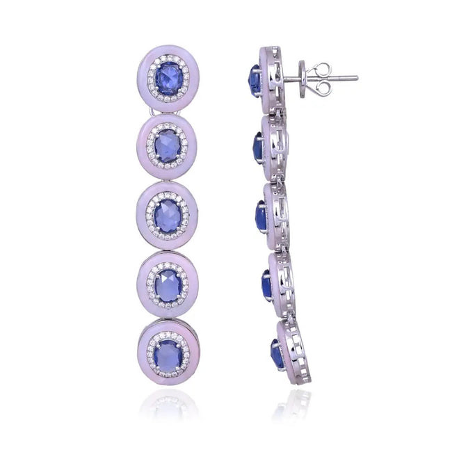 Ceylon Blue Sapphire & Blue Opal Dangle Earrings - 18k White Gold Diamond Dangle Earrings Main Image
