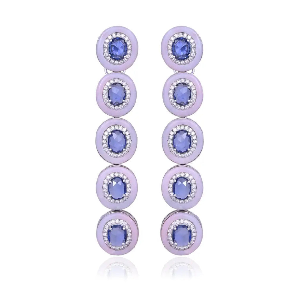 Ceylon Blue Sapphire & Blue Opal Dangle Earrings - 18k White Gold Diamond Dangle Earrings