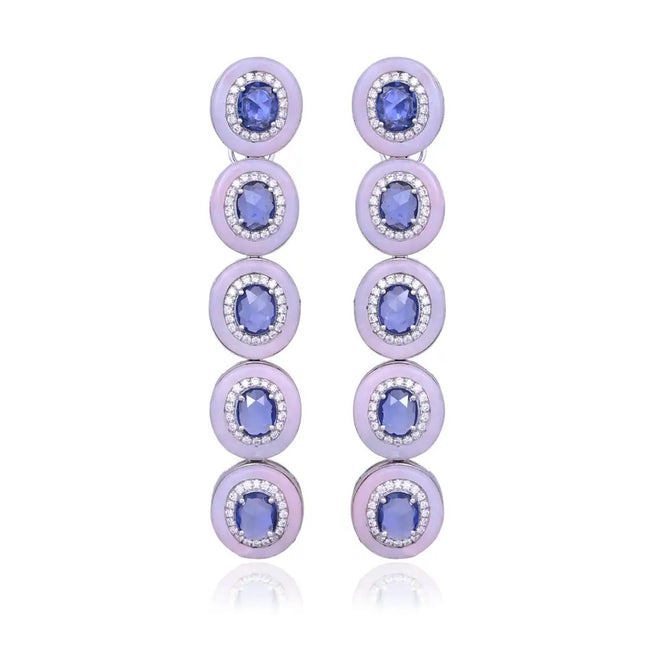 Ceylon Blue Sapphire & Blue Opal Dangle Earrings - 18k White Gold Diamond Dangle Earrings Hover Image