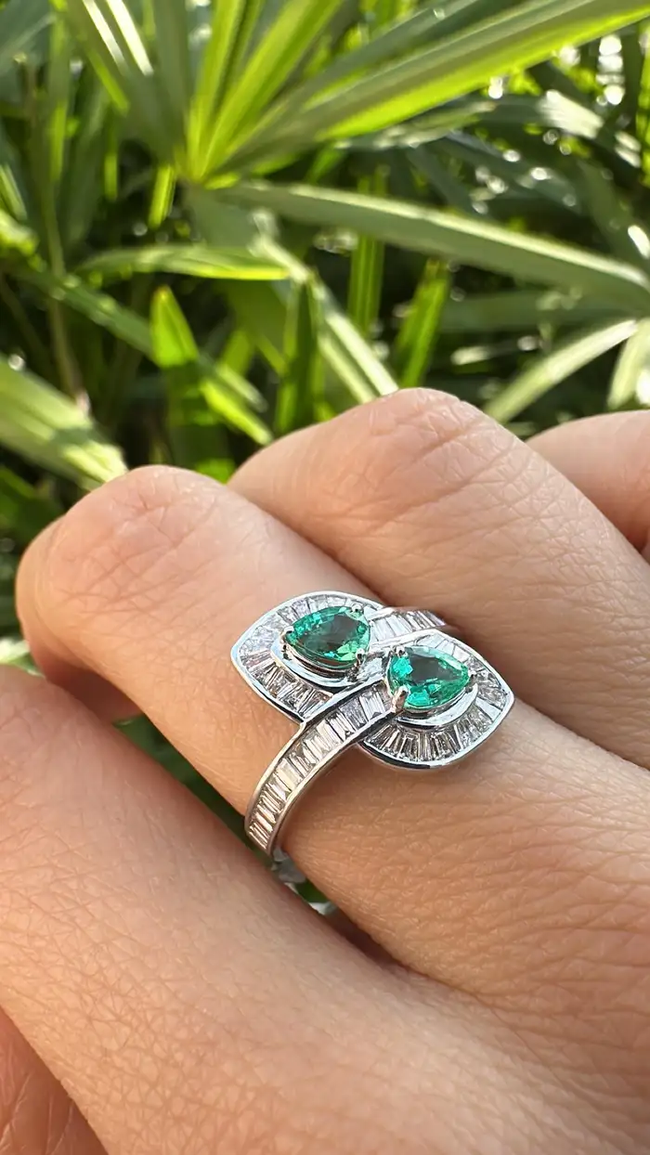18k White Gold Tapered Baguette Diamonds Engagement Ring - Natural Pear Shape Zambian Emerald Wedding Ring Main Image