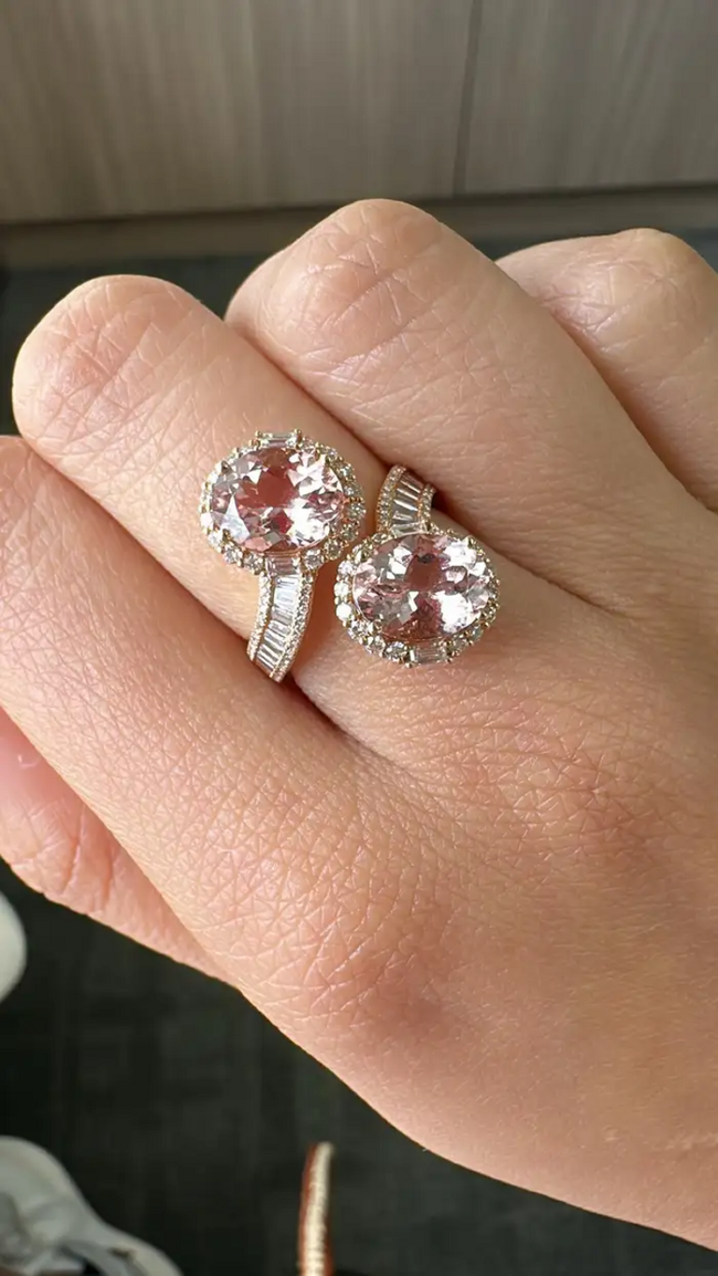 Natural Morganite & Tapered Diamond Wrap Ring - Handmade 18k Rose Gold Toi et Moi Ring Main Image
