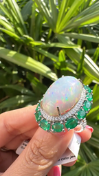 Natural Ethiopian Opal & Zambian Emerald Cocktail Ring - 18k White Gold Diamond Wedding Ring