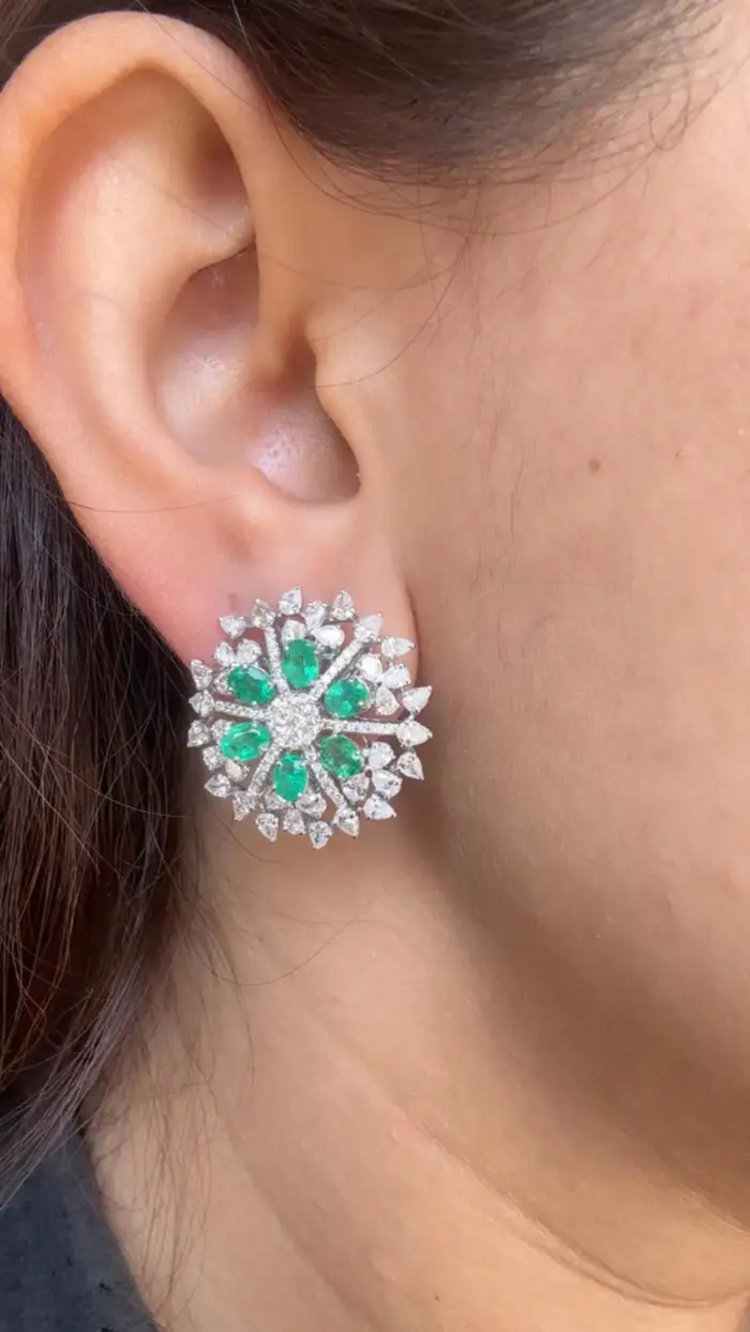 Zambian Emerald Stud Earrings - 18k White Gold Diamond Stud Earrings