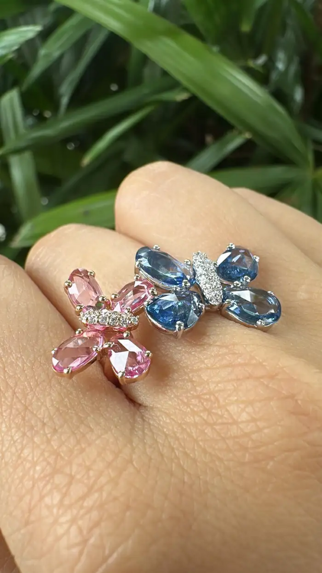 18k Gold Diamond Engagement Ring - Natural Ceylon Pink & Blue Sapphire Stackable Ring Main Image