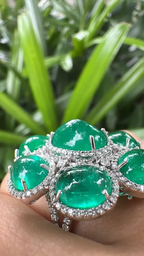 18k White Gold Diamond Statement Ring - Natural Cabochon Emerald Gemstone Ring