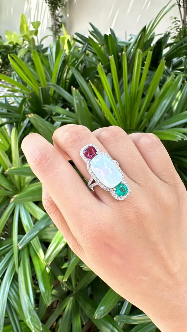 0.84 Ct. Round Cut Diamond 18k White Gold Wedding Ring Natural Ethiopian Opal, Zambian Emerald & Rubellite Gemstone Jewelry Gift Main Image