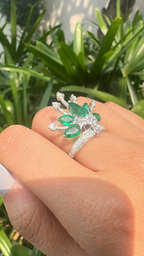 18k White Gold Diamond Crown Ring - Natural 3.80 Ct Zambian Emerald Wedding Ring