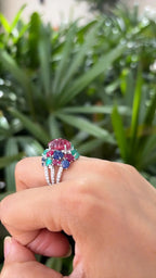 Natural Rubelite, Blue Sapphire, Ruby & Emerald Gemstone Cocktail Ring - 18k White Gold Diamond Ring