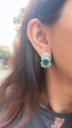 18k White Gold Handmade Minimalist Earrings - Natural Zambian Emerald Diamond Tiny Stud Earrings