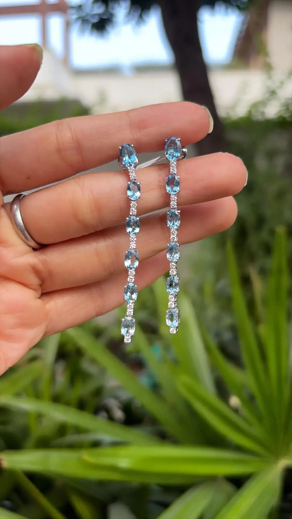 18k White Gold Diamond Dangle Earrings - Natural Aquamarine Gemstone Dangle Earrings