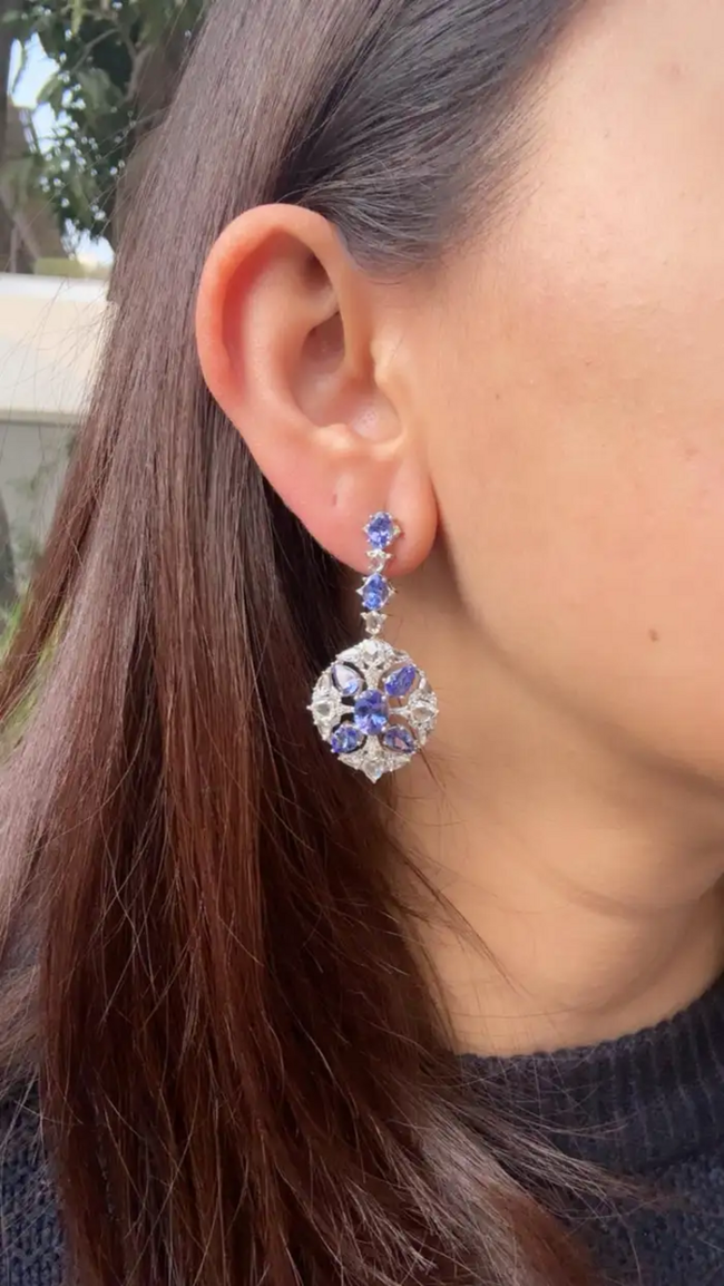 18k White Gold Rose Cut Diamond Dangle Earrings - Natural Tanzanite Gemstone Earrings Main Image