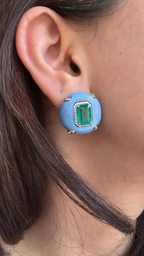 Natural Zambian Emerald & Blue Opal Stud Earrings - 18k White Gold Diamond Earrings