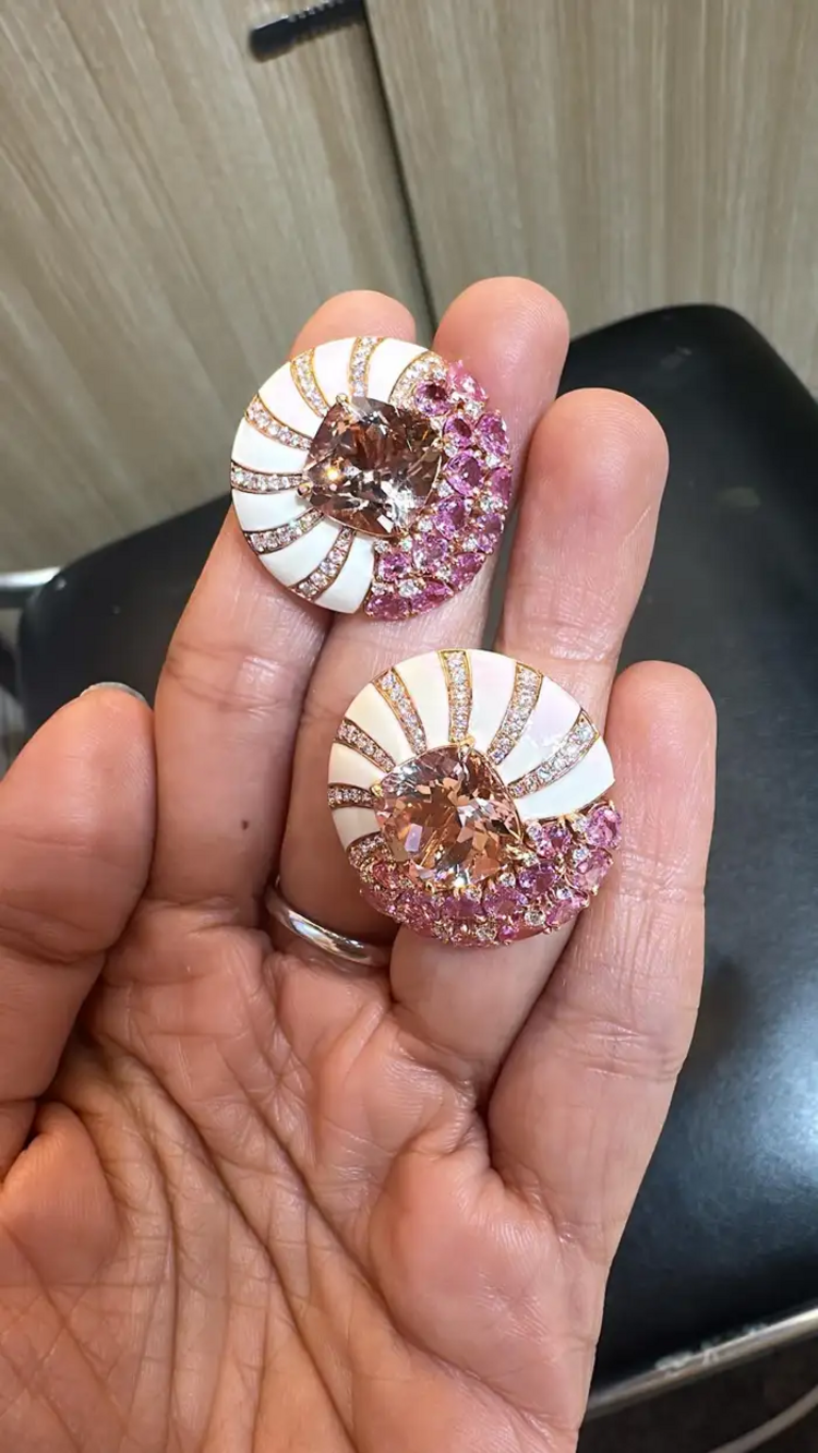 Natural Morganite & Pink Sapphire Gemstone Stud Earrings - 18k Rose Gold Diamond Handmade Earrings With White Enamel