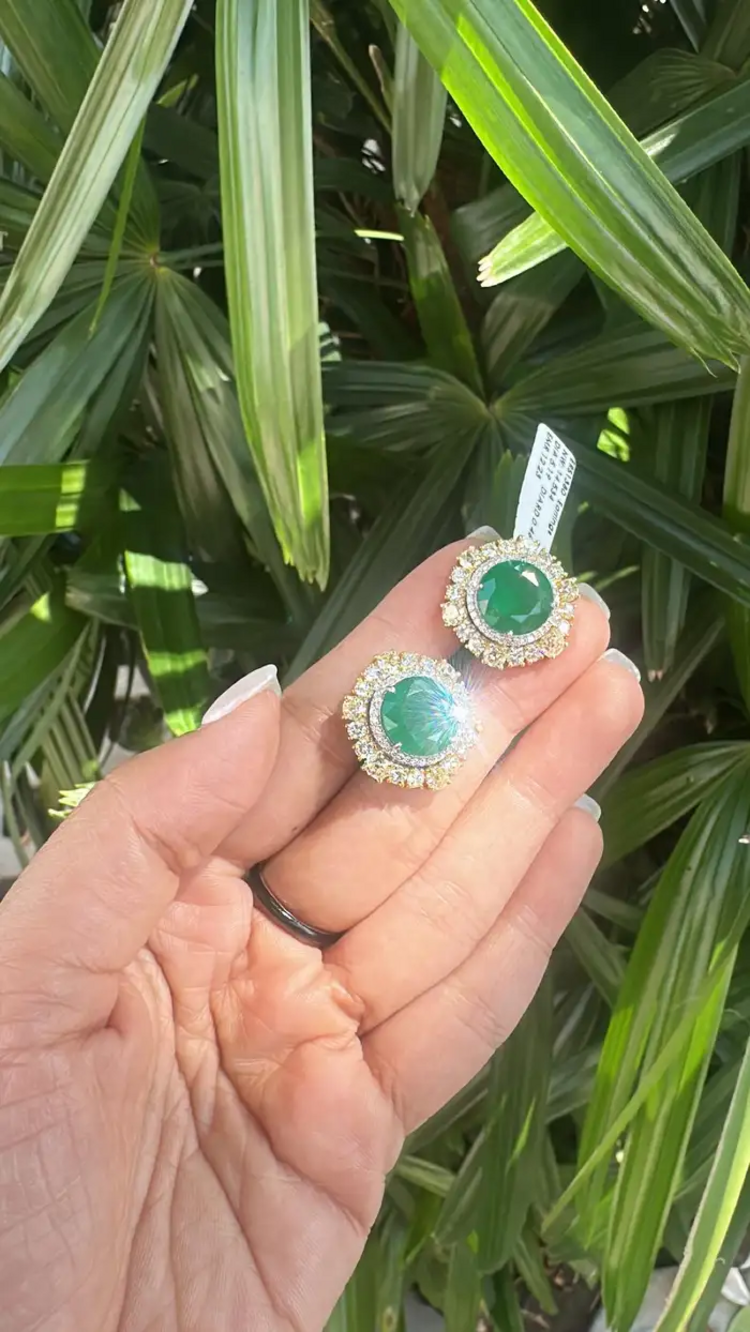 Natural Zambian Emerald & Yellow Diamond Earrings - 18k White Gold Stud Earrings