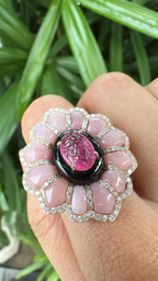 18k Yellow Gold Diamond Ring - Natural Tourmaline, Pink Opal & Black Onyx Cocktail Ring