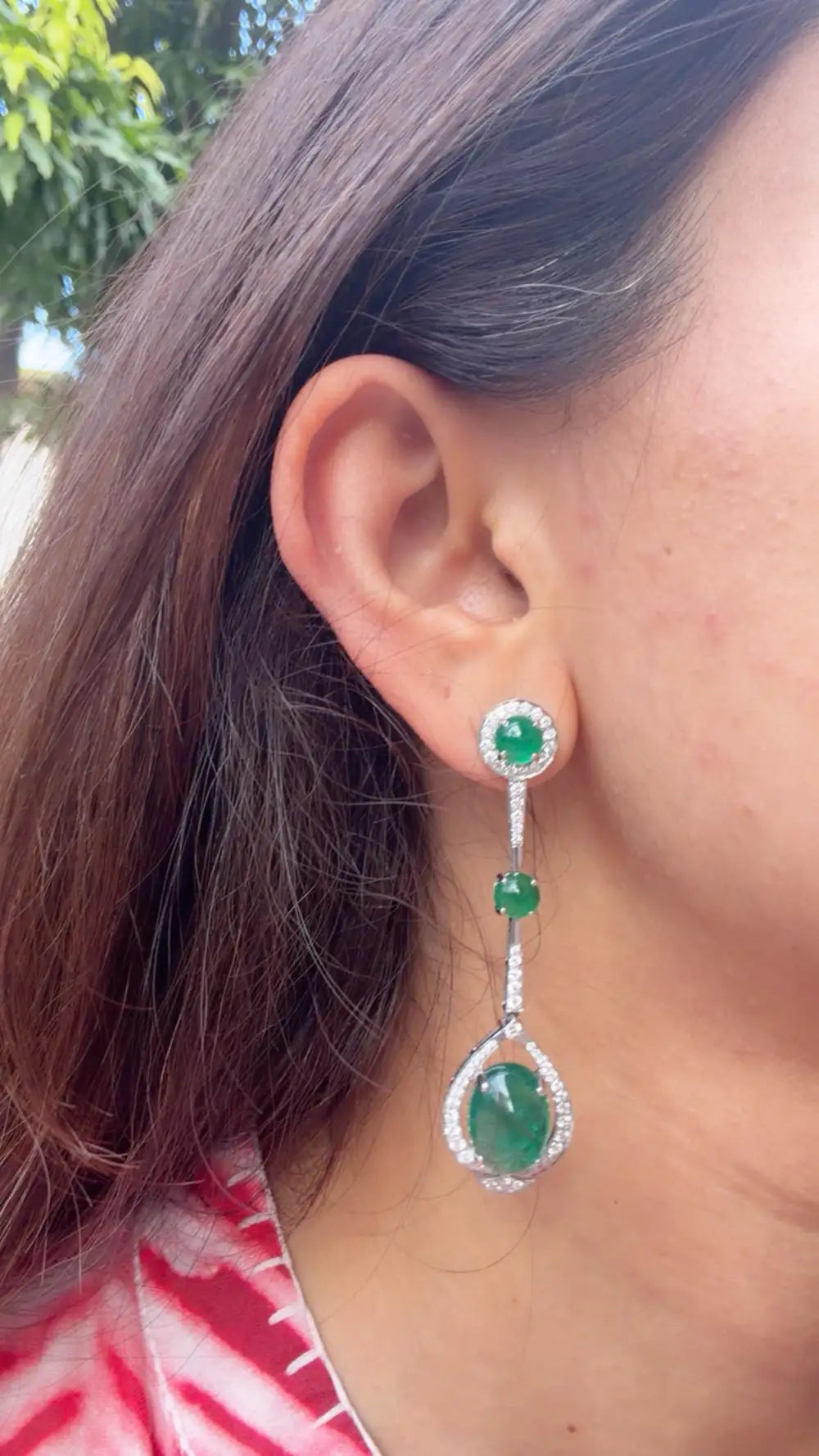 18k White Gold Diamond Dangle Earrings - Natural Emerald Gemstone Chandelier Earrings