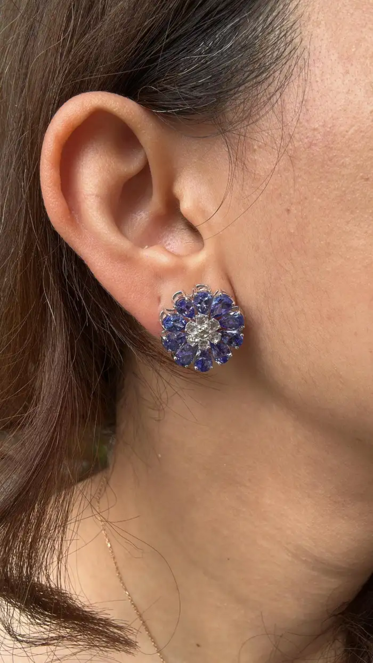 18k White Gold Diamond Stud Earrings - Natural Tanzanite & Rose Cut Diamonds Earrings