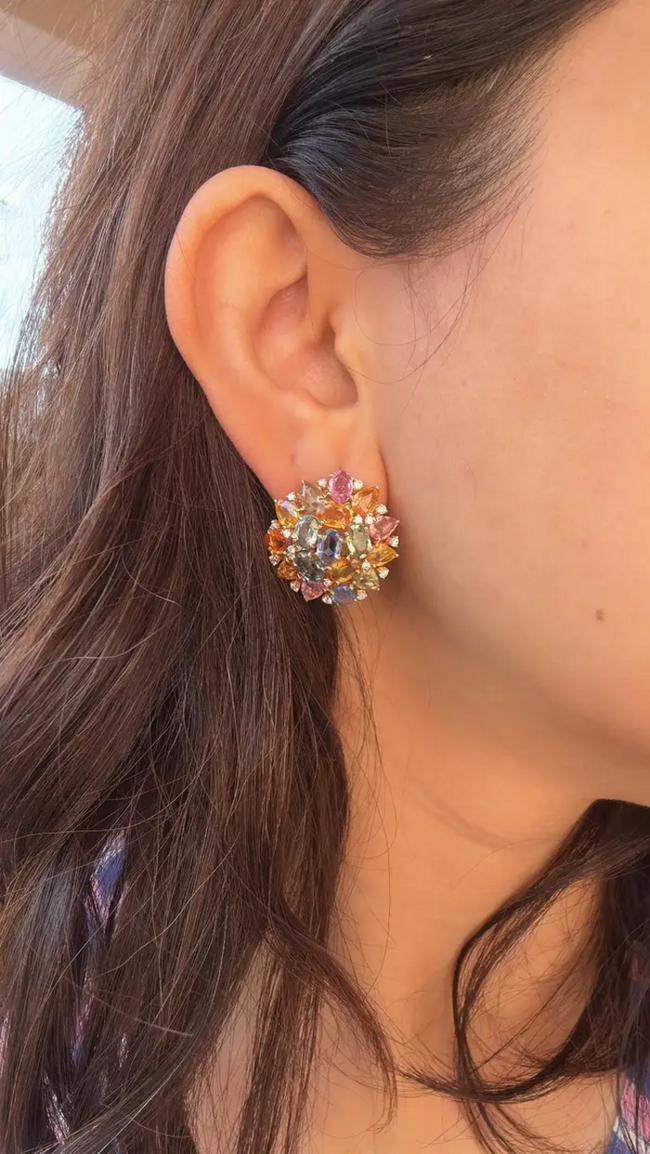Ceylon Multi Sapphire & Diamond Stud Earrings - Handmade 18k Gold Diamond Women Earrings Main Image