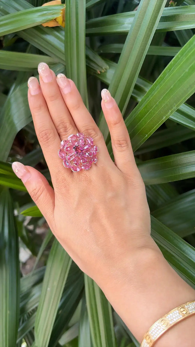 18k Rose Gold Diamond Cocktail Ring - Natural Pink Sapphire & Tourmaline Gemstone Ring Main Image