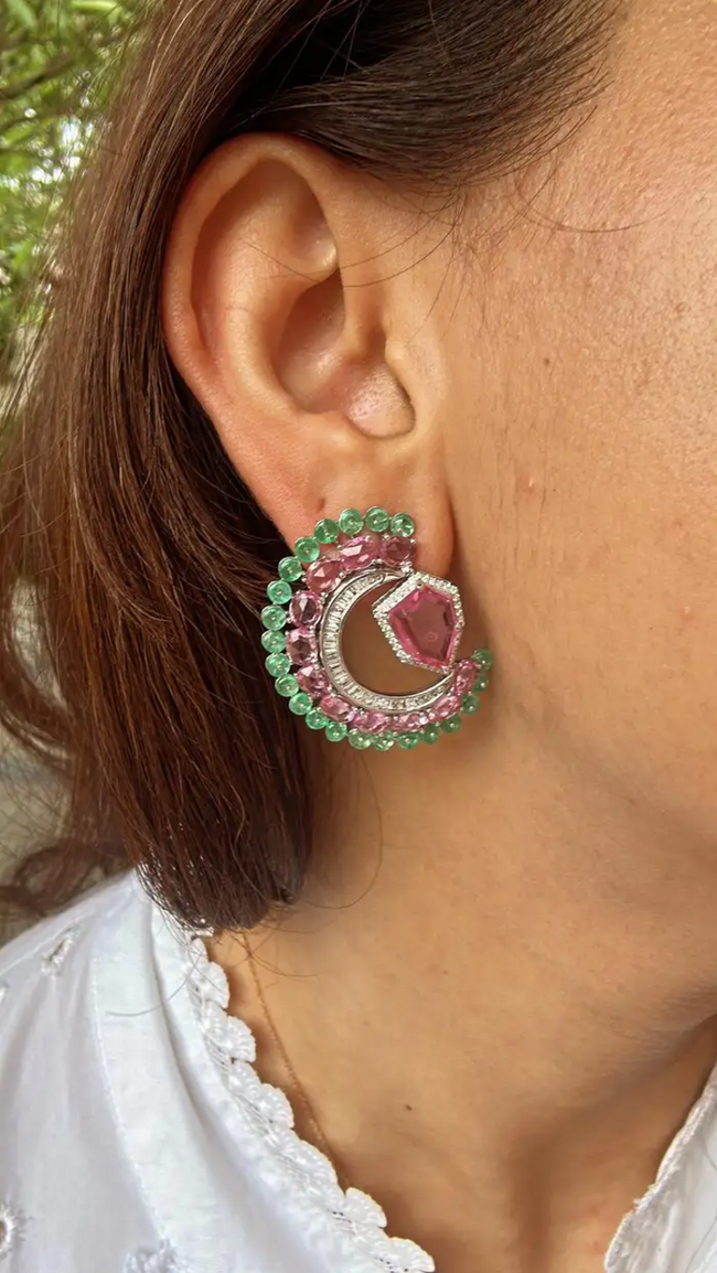 11.33 Ct. Pink Sapphire & Emerald Gemstone Stud Earrings - 18k White Gold Diamond Earrings Main Image