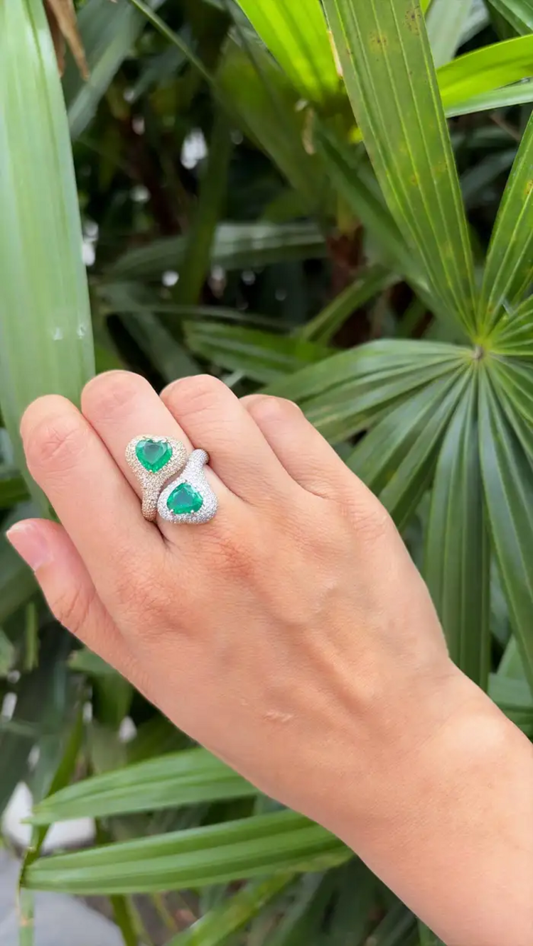 Natural Zambian Emerald Two Tone Gold Ring - 18k Gold Diamond Wedding Ring