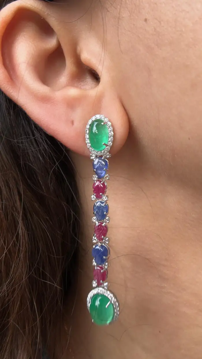 Natural Colombian Emerald & Carved Ruby Gemstone Dangle Earrings - 18k White Gold Diamond Earrings Main Image