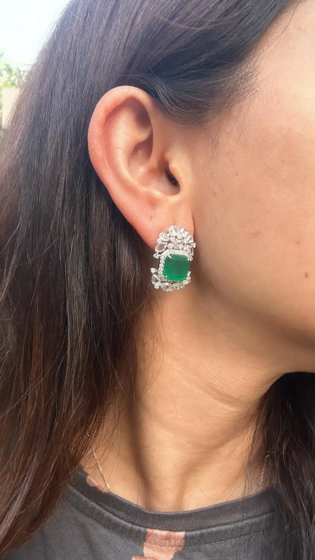 18k White Gold Handmade Minimalist Earrings - Natural Zambian Emerald Diamond Tiny Stud Earrings Main Image