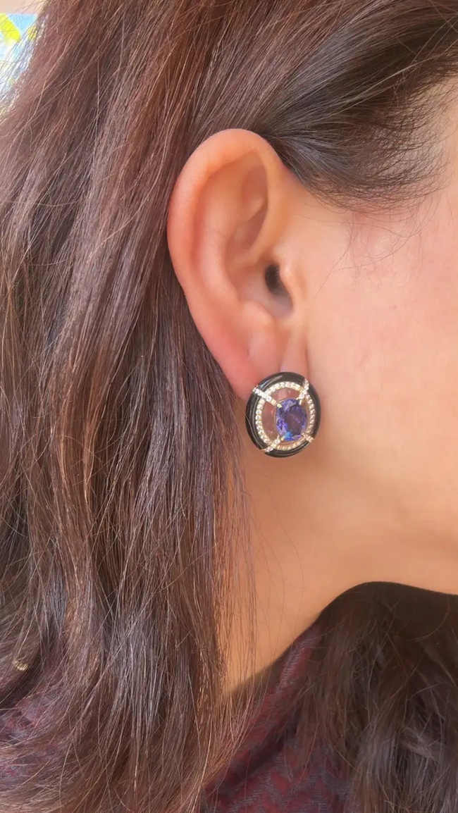 18k Gold Diamond & Tanzanite Gemstone Stud Earrings - Rock crystal & Black Onyx Earrings Main Image