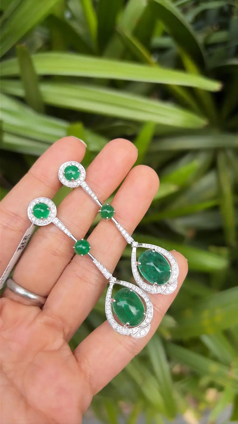 18k White Gold Diamond Dangle Earrings - Natural Emerald Gemstone Chandelier Earrings