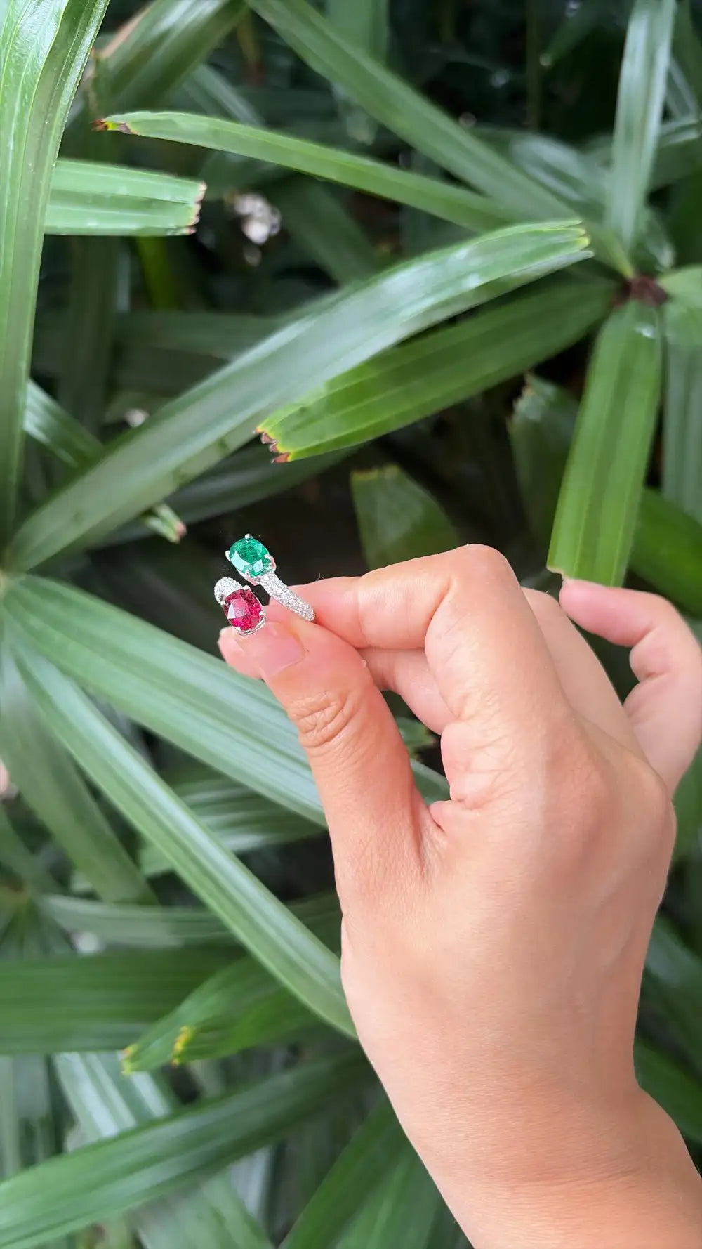 Natural Rubellite & Zambian Emerald Gemstone Ring - 18k White Gold Diamond Toi et Moi Ring