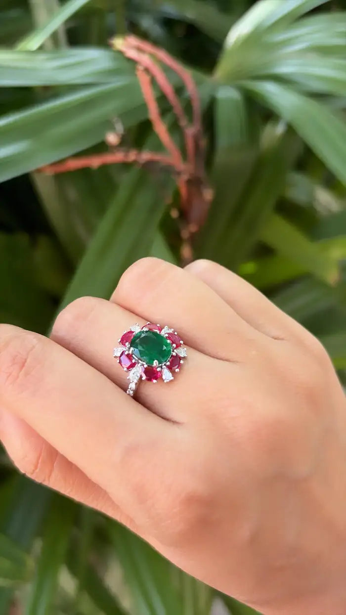 Natural Mozambique Ruby & Zambian Emerald Cocktail Ring - 18k White Gold Diamond Ring