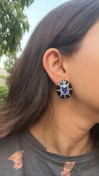 9.24 Ct. Natural Tanzanite Stud Earrings - 18k White Gold Handmade Earrings - Gold Diamond Women Earrings - Black Onyx Earrings