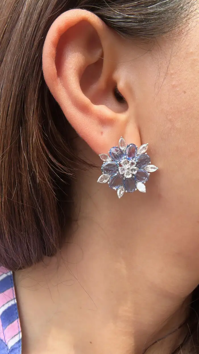 18k White Gold Rose Cut Diamond Stud Earrings - Natural Blue Sapphire Gemstone Earrings Main Image
