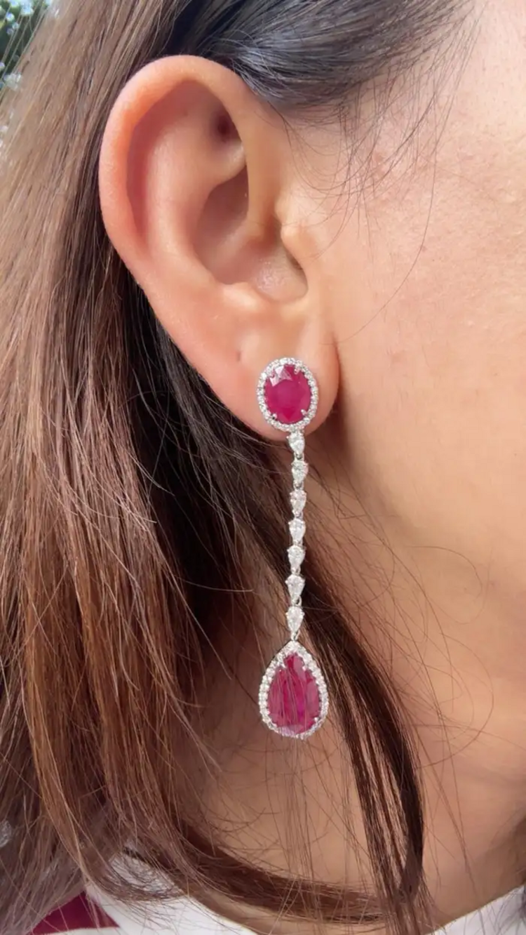 Natural Ruby & Diamond Dangle Earrings - 18k White Gold Chandelier Earrings