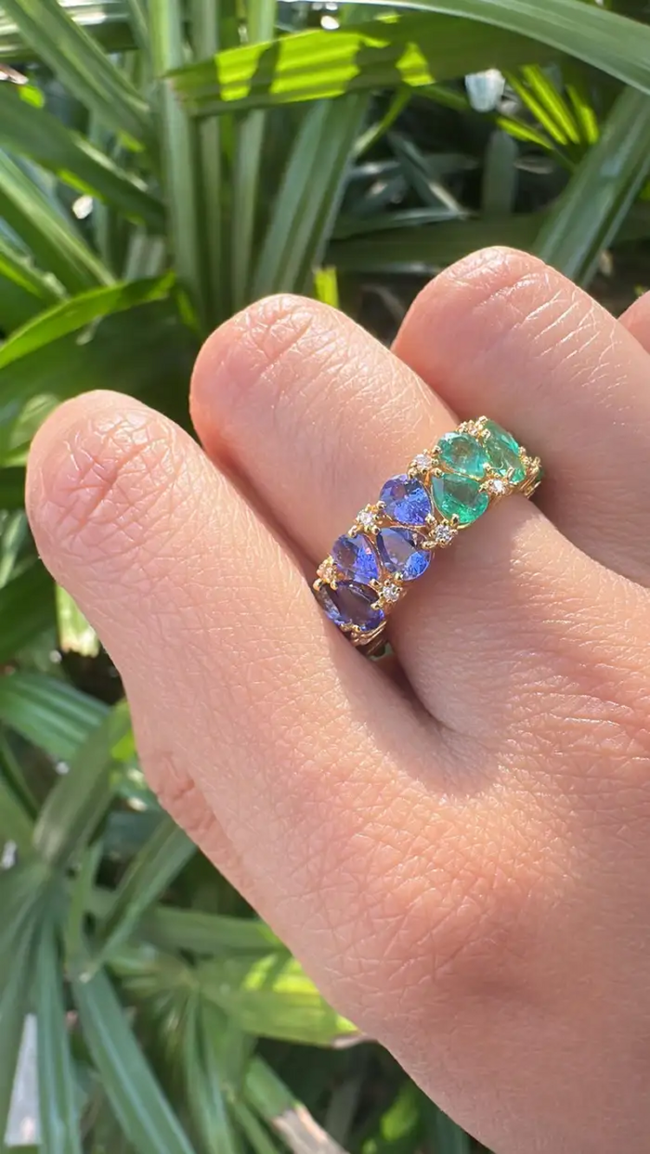 Natural Pink Sapphire, Zambian Emerald & Tanzanite Band Ring - 18k Yellow Gold Diamond Wedding Ring Main Image