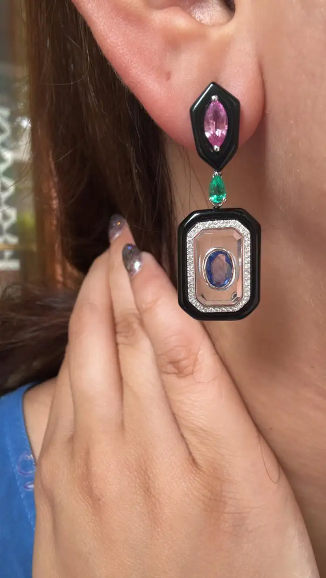18k White Gold Diamond Dangle Earrings - Natural Emerald, Sapphire, Black Onyx & Crystal Earrings Main Image